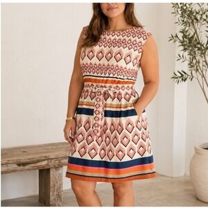 Jessica Howard Womens Dress 16 Geometric Diamond Striped Belt Retro Mod Colorful